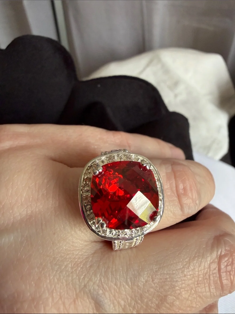 Red Cushion-Cut Cocktail Ring with Antique Silver Setting